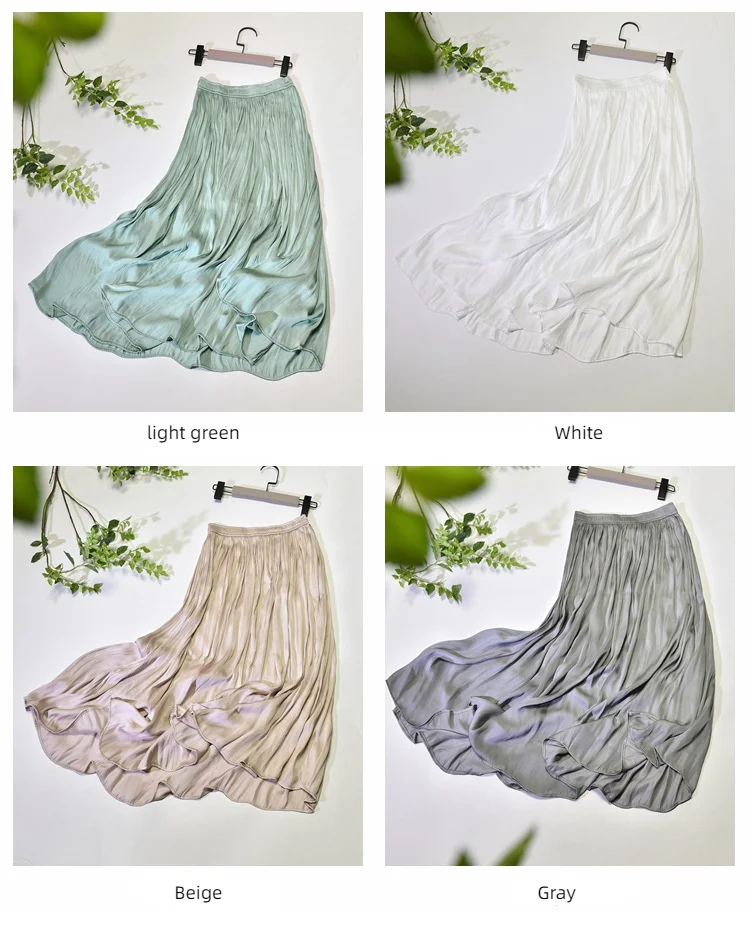 Summer Silky Skirt Elastic High Waist Glossy Silky Long Skirt Sea-Island Filament A-line Skirts Beach Vacation Pearlescent Dress