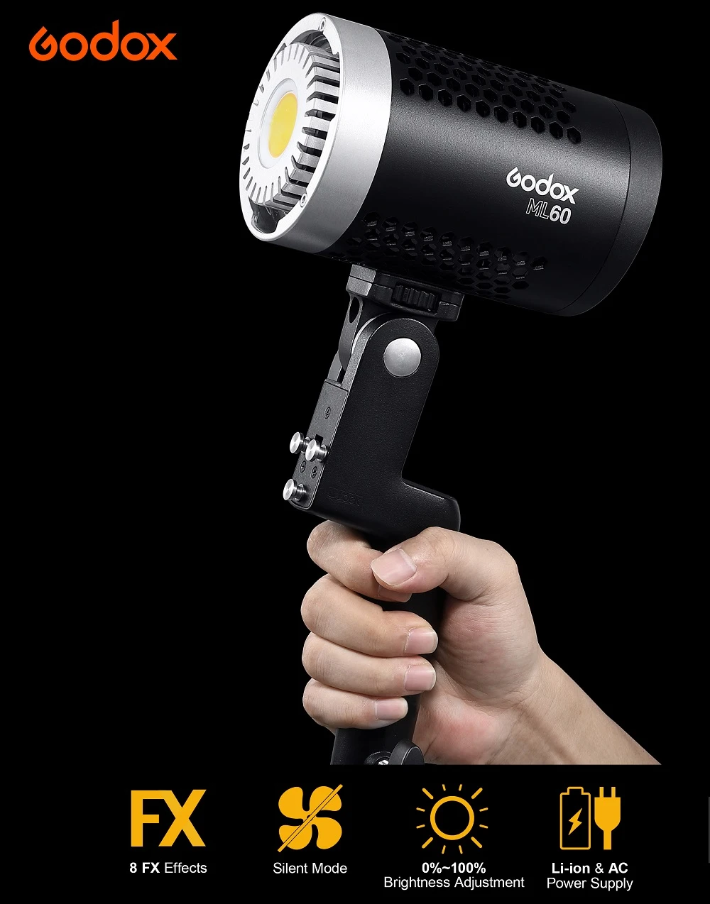 Godox Ml 60 60ws Ledライト強力なとポータブル日光バランスbowensマウントビデオライトサイレント供給ダブルモード電源 写真用照明 Aliexpress