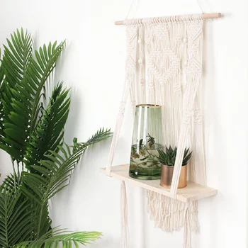 

1PC Macrame Woven Tapestry Wooden Wall Shelf Bohemian Wind Toy Flowerpot Storage Rack Home Kid Room Wall Hanging Decoration