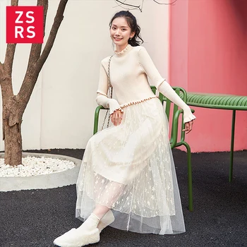 

Zsrs 2019 Temperament Ladies Mesh Stitching Sweater Dress Embroidery Fake two-piece Long Knitted Pullover Dress Big Swing Dress