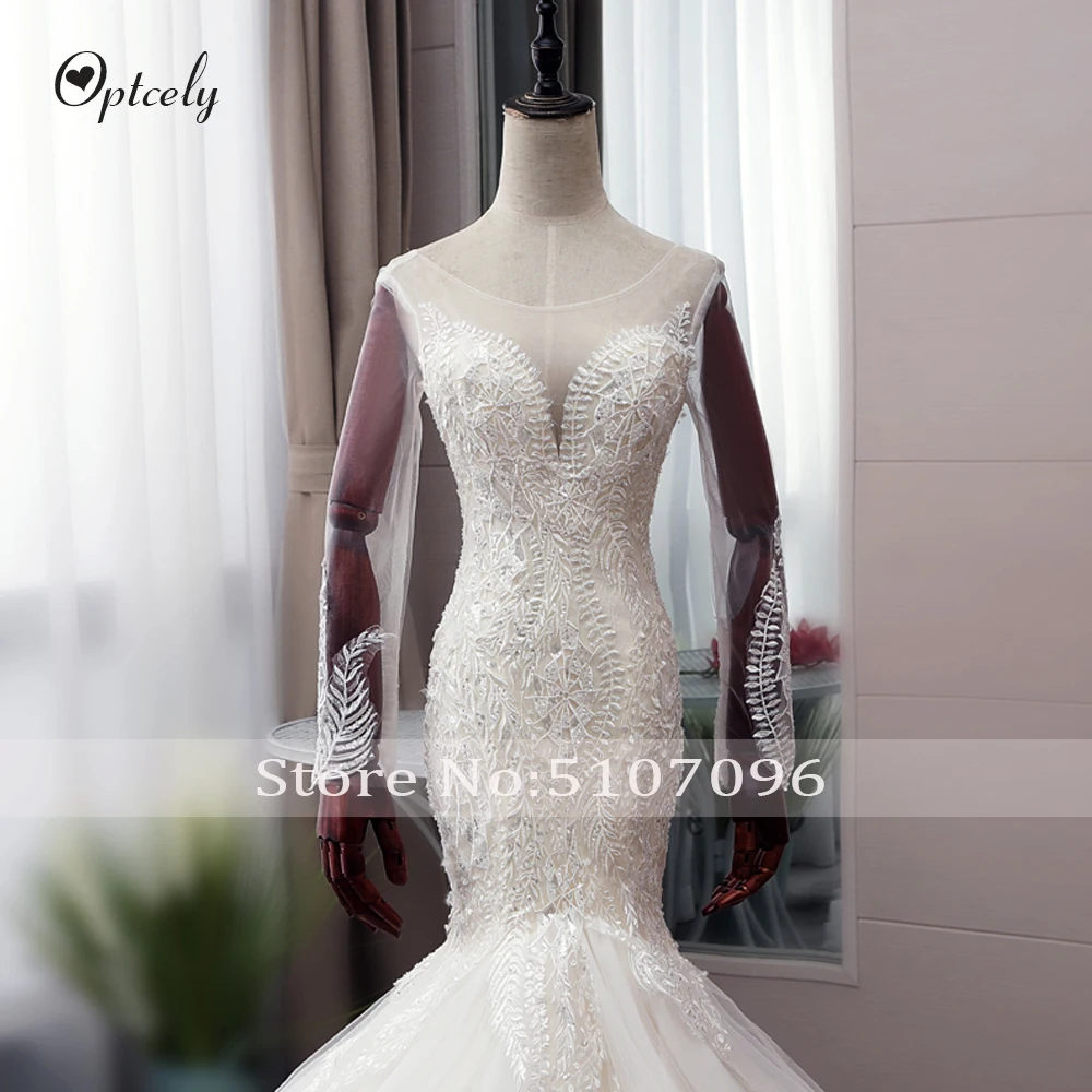 Optcely Vestido de Noiva Гламурное сексуальное платье с o-образным вырезом и открытой спиной, с длинным рукавом,, свадебные платья, с аппликацией, с бисером, размера плюс