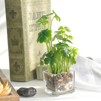 

Artificial Plants with Simulation Bonsai Glass Pot 4-leaf Clover Window Decoration Household Table H99F