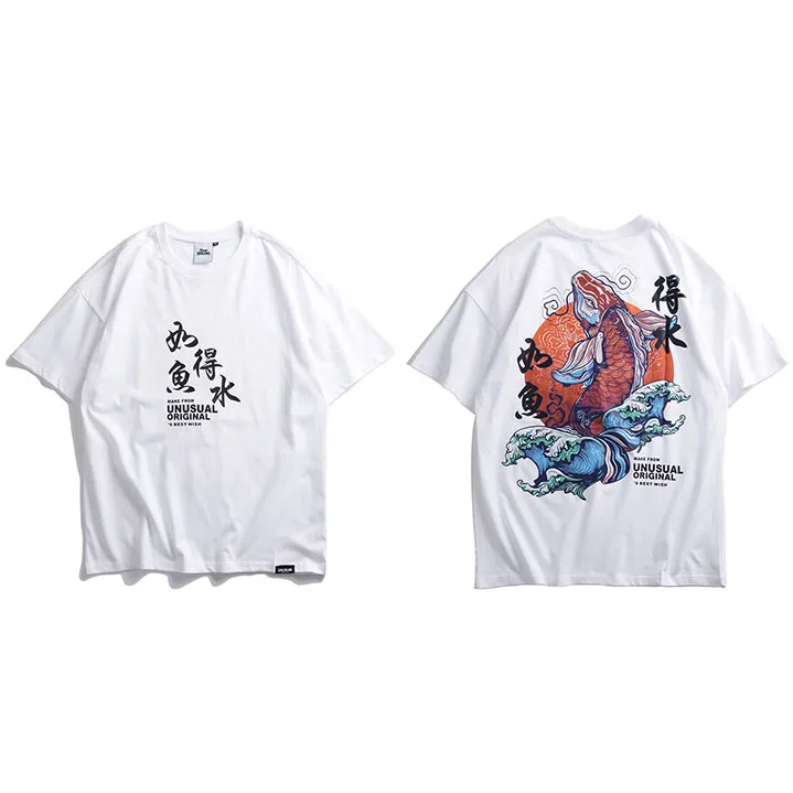 Мужская футболка в стиле хип-хоп, уличная футболка в стиле ретро с китайским персонажем, белая футболка с принтом рыбы кои, летняя хлопковая Футболка в стиле Харадзюку - Цвет: A10T166 White
