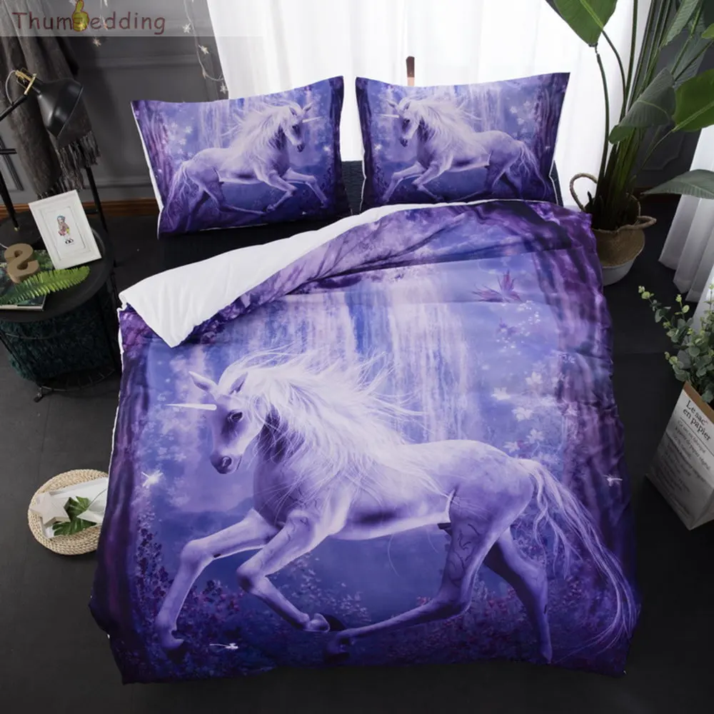 Thumbedding Fluorescent Bedding Set Unicorn Duvet Cover 3D Horse Polyester Material Bed For Bedroom with Pillowcase | Дом и сад
