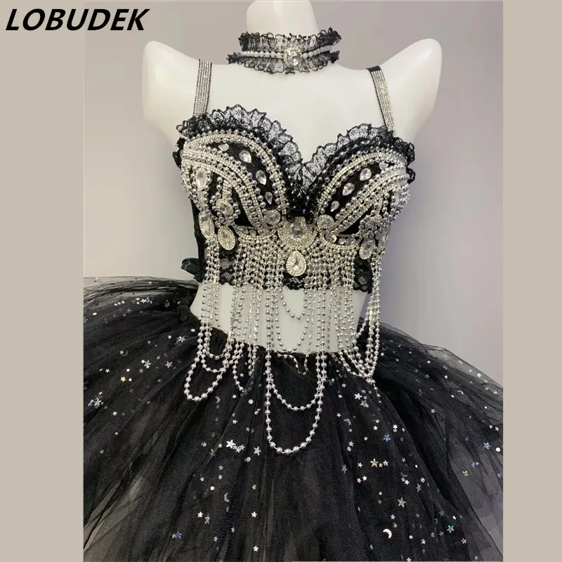 

Black crystal Pearl Stars bikini Sets Sparkly Rhinestones Bra Mesh Skirt Dance Outfits Singer Nightclub female Costumes party