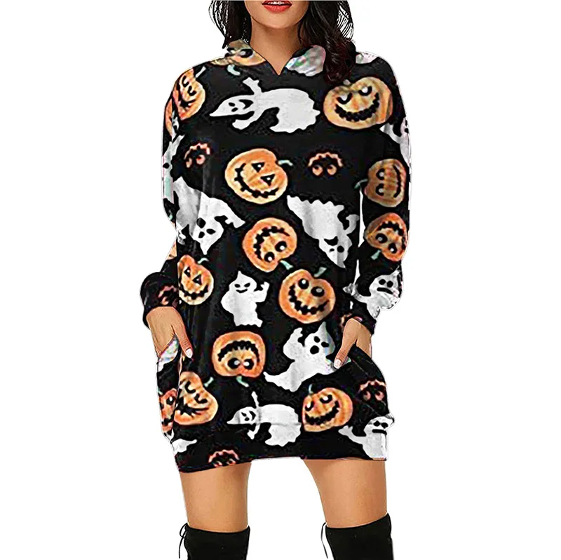 

Woman Halloween Theme Pumpkin Lantern Print Hoodies Spring Autumn Long Sleeve Mid-length Dress Pocket Casual Pullover Sweatshirt