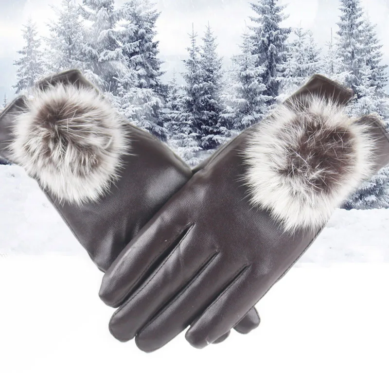 Перчатки женские варежки женские Перчатки из искусственной кожи с сенсорным экраном женские перчатки водонепроницаемые Меховые помпоны толстые теплые весенне-зимние перчатки handschoenen - Цвет: Шоколад