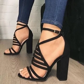 

Women Sexy Sandals Lady High Heels Design Women's Cross Strap Bandage Shoes Lady Party Female Ankle Strap Flock 2020 Summer