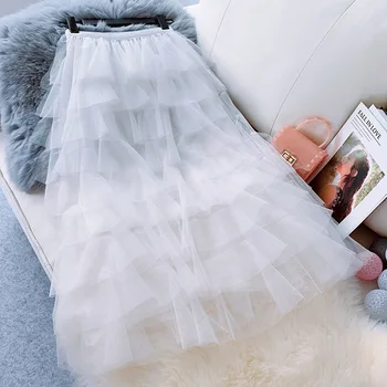 

FMFSSOM Summer Spring Muti-Layer Cake Tulled Solid Midi Elast High Waist Women Ladies 2020 Chic Skrits