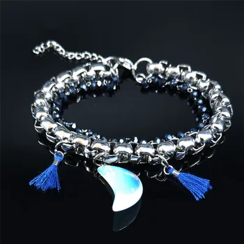 

2020 Fashion Moonstone Stainless Steel Bohemian Bracelet for Women Silver Color Tassel Bracelet Jewelry pulseras mujer B18659