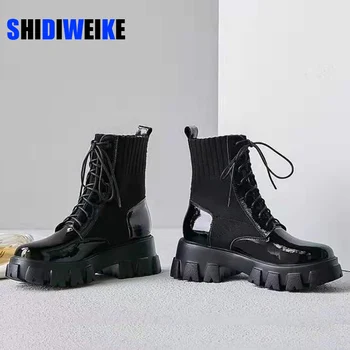 

2020 New Casual Lace Up Gothic Combat Ankle Boots Woman Shoes Black Sock Platform Leather Boots Women Fashion Botas Mujer AB662