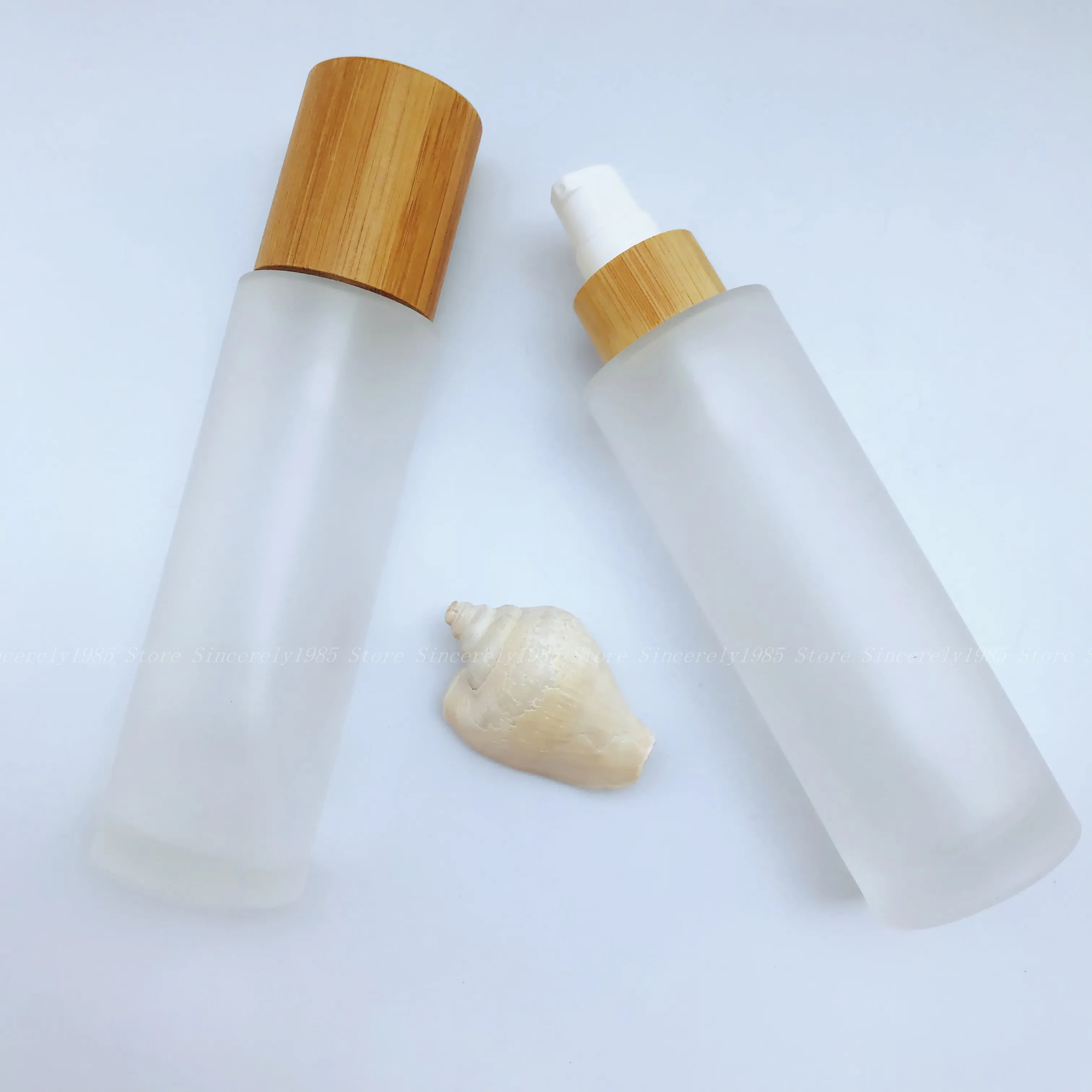 

6 Pcs All bamboo cover 100Ml Upscale Empty Refill Frosted Glass Pump Press Bottle Makeup Portable Cosmetic