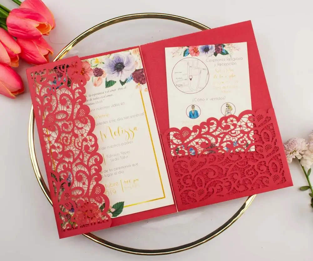 Sobre de tarjetas de invitación de boda de bolsillo cortado con láser,  papel brillante de tres pliegues, color burdeos, azul marino, oro rosa,  vid, Vantage, 1 unidad - AliExpress, image size:1000x833