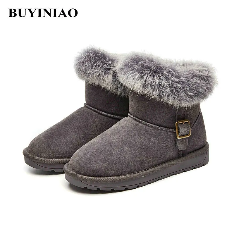 Ankle Genuine Leather Snow Boots Cow Suede Warm Fur Boots Women's Bucket Shoes Cowhide Flat Cotton Shoes