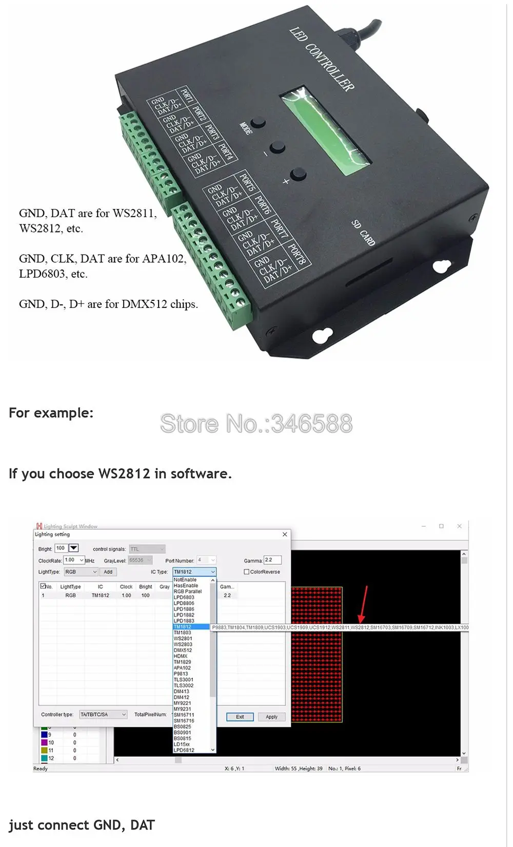 H803SA 8 портов в автономном режиме/Автономный/карта памяти заполнена, Цвет контроллер пикселей 8192 Пиксели Поддержка DMX консоль LPD6803 WS2811 WS2812 и т. д