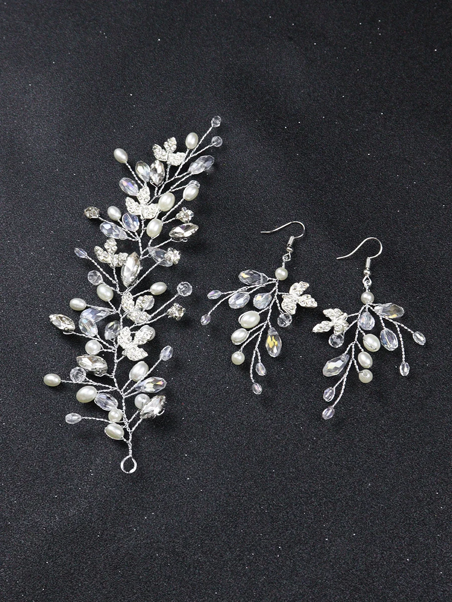 Fashion Silver Hair Clips Earrings Set Pearls Leaves Headbands Women Crystal Headdresses for hair Wedding Bridal Hairbands
