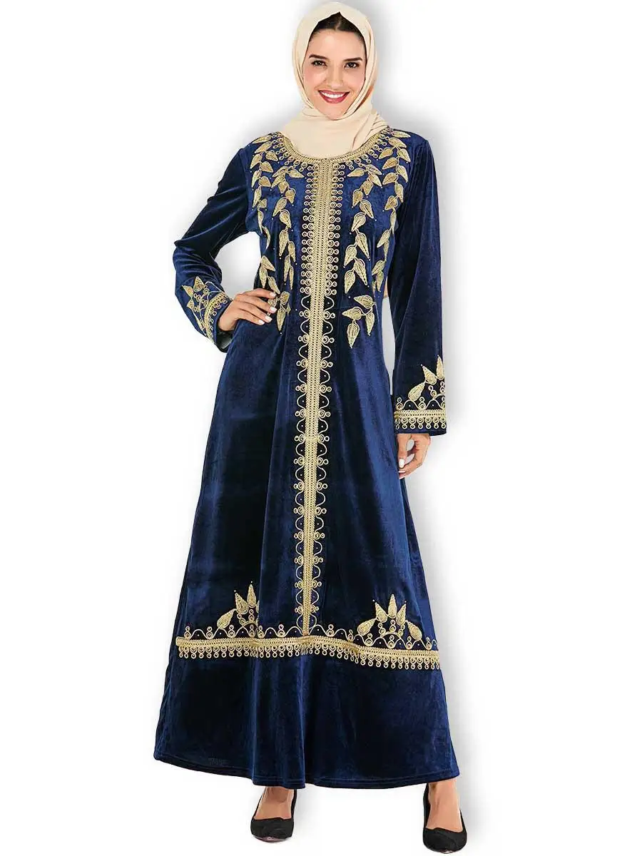 Винтажная бархатная Абая, для мусульман, женское платье с вышивкой и длинными рукавами, исламский кафтан, арабский Средневосточный халат