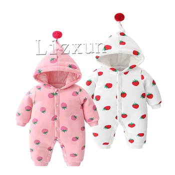

Newborn Baby Girls Strawberry Print Jumpsuit Toddler Girl Hooded Long Sleeve Top Button Long Trousers Romper Winter