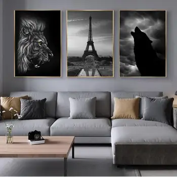 

Scandinavian Style Animal Lion Black White Poster Nordic Style Sea City Landscape Wall Art Print Picture for Living Room