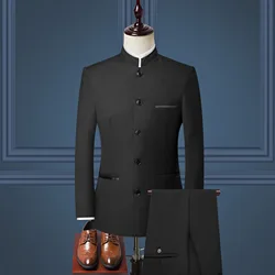 2021Men's Korean Slim Chinese Tunic Dress Suit Tang Suit Three-piece Set