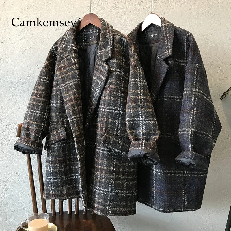 CamKemsey толстые теплые зимние шерстяные пальто женские осенние модные двубортные винтажные Клетчатые Шерстяные Пальто