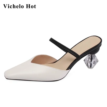 

Vichelo Hot mixed colors genuine leather small square toe crystal high heels beauty lady slip on mules fashion sandals women L22