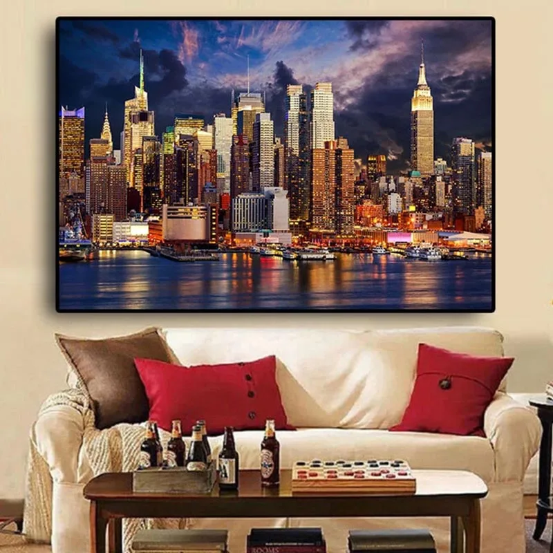 Sunset Cloud New York City Buildings Painting Printed on Canvas