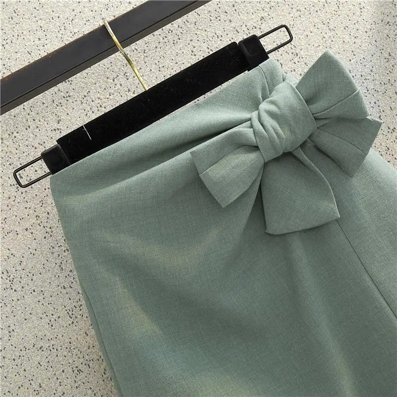 2021 Spring Summer Slit Black Green Side Tie Office Skirts Women Elegant Midi Pencil Skirt High Waist for Casual Work Wear Y402 black midi skirt