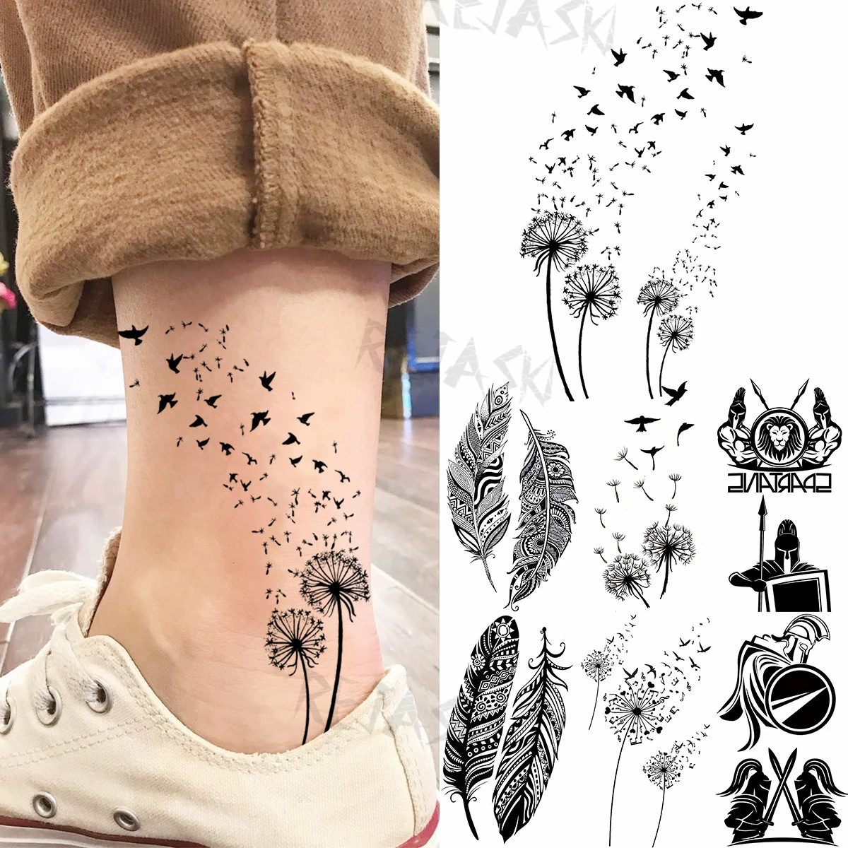 Petit Tatouage Femme Tatouage Temporaire Noir En Forme De Petit Pissenlit Pour Femme Adulte,  Faux Tatouage Réaliste En Forme De Plume Spartiate, Art Corporel - Tatouages  Éphémères - AliExpress