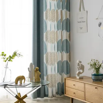

Northern European-Style Simple Leaf Printed Linen Blend Large Leaf Print Curtains for Living Room Luxury Curtains for Bedroom