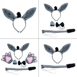 6 Pcs Festival Party Hairy Donkey Headband Hair Hoop Nose Tail Tie Gloves Set Halloween Christmas Costume Cosplay Headwear Decor