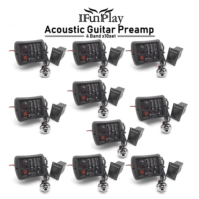 10set 4-Bands EQ Equalizer Acoustic Guitar Preamp Piezo Pickup with Tuner System Brass Endpin Jack for Folk Guitarra