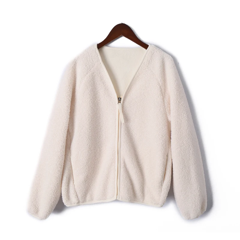 AOEMQ Модное 4 однотонное пальто из овечьей шерсти свободного размера плюс, мягкая верхняя одежда, куртки на молнии с v-образным вырезом, зимние женские пальто - Цвет: white
