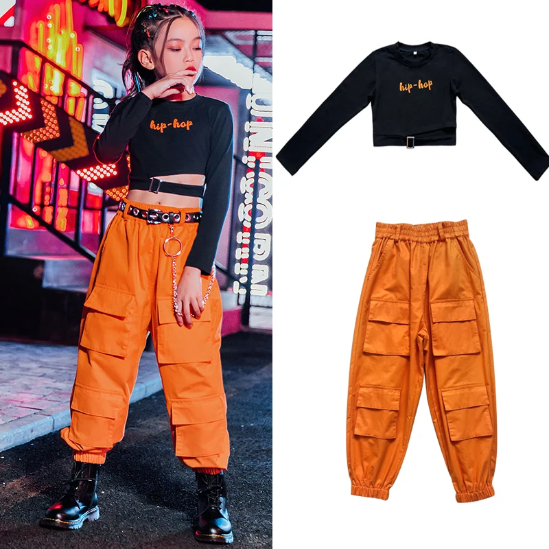 

2020 Hip-Hop Dance Costume For Kids Long Sleeve Tops Orange Hiphop Pants Jazz Street Dance Clothes Performance Rave Wear DQS6224