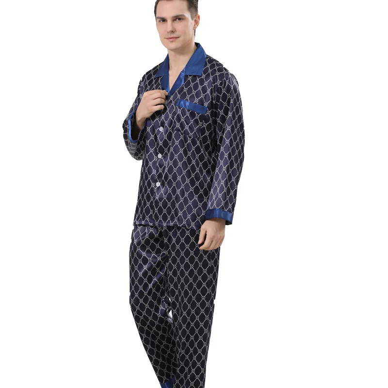 mens cotton pyjamas Lisacmvpnel Men's Imitation Silk Pajamas Long Sleeved Printed Pajama Set soft cotton pyjamas Pajama Sets