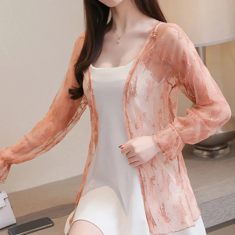 

B Women's Shirt Summer Long Sleeve Solid Color Open Front Thin Chiffon Sun Protection Lace Openwork Orange Khakis Beach Cardigan