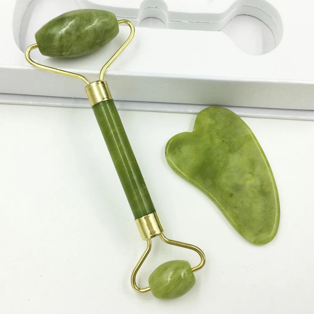 

Hot Slimming Face Massager Lifting Tool Rose Quartz Roller Natural Jade Facial Massage Roller Stone Skin Massage Beauty Care Set