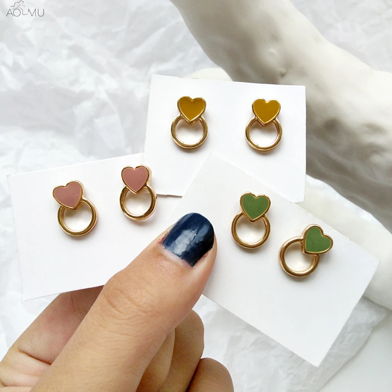 

AOMU 2019 Korean Cute Geometric Heart Triangle Hollow Round Small Stud Earrings For Women Girl Party Jewelry Simple Brincos Gift