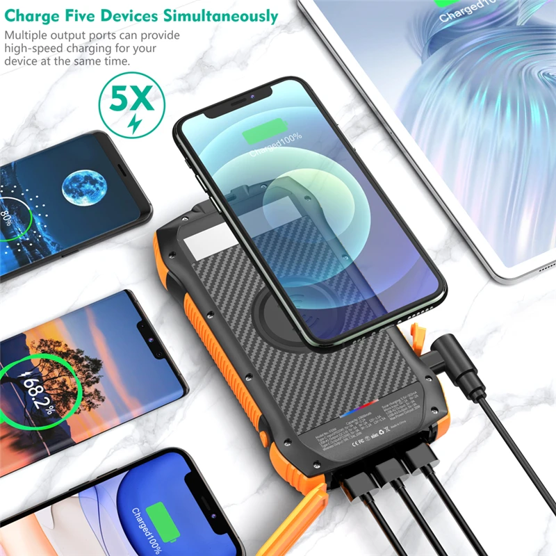 PD20W Solar Power Bank 33500mAh Fast Qi Wireless Charger Powerbank for iPhone 12 Samsung S21 Xiaomi Poverbank with Camping Light best portable charger