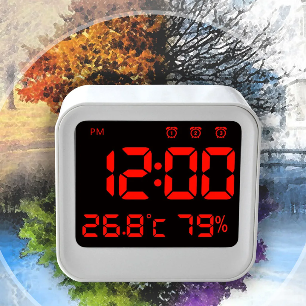 3 Groups of Alarm Clock Digital LED Table Alarm Day Night Clock 12/24 Hour Display with Temperature + Air Hygrometer
