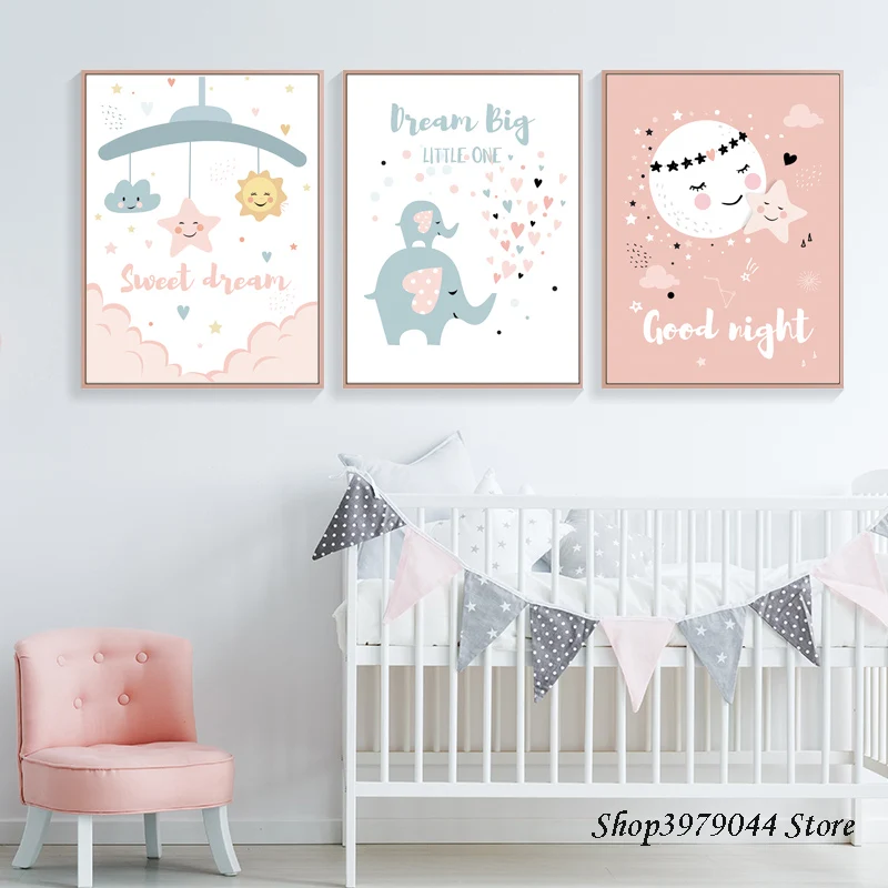 

Nordic Style Kids Decoration Cute Cartoon Elephant Posters And Prints Moon Canvas Art Painting Nursery Baby Room Decor Unframed