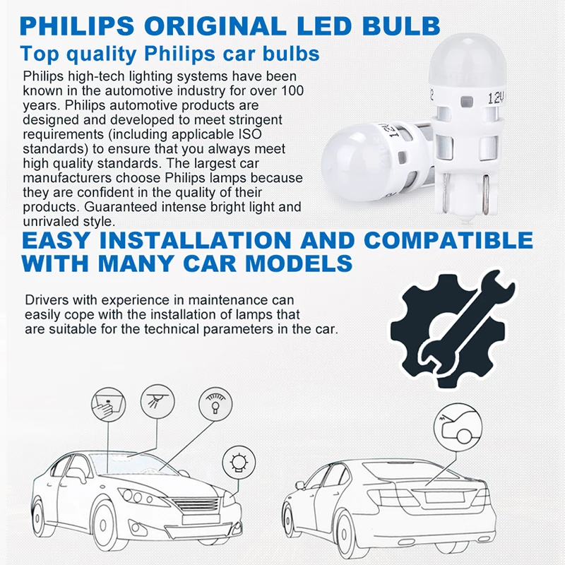 Philips W5W 12V LED 1 0W W2 1x9 5d Auto 6000K Ultinon карт.уп. 2 шт T10 поворотник для автомобиля мотоцикла