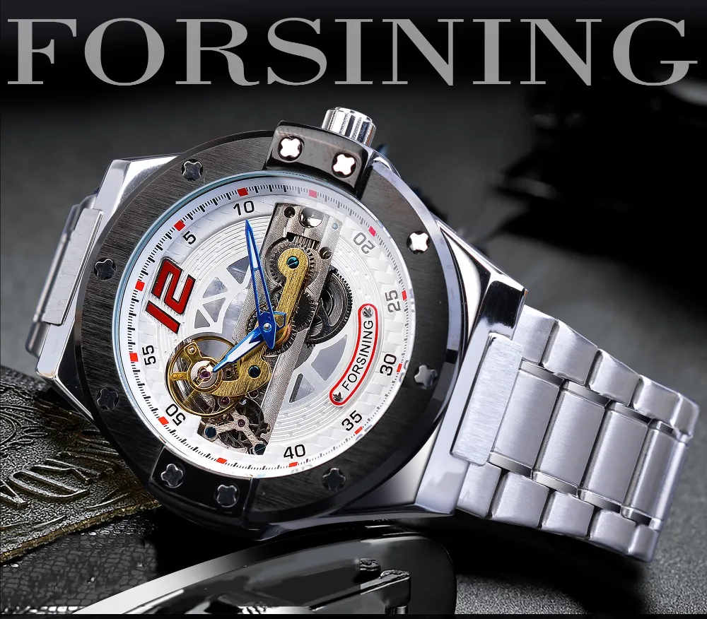 Forsining уникальные мужские спортивные часы автоматические механические прозрачные серебряные гоночные автомобильные армейские ремни для наручных часов из нержавеющей стали