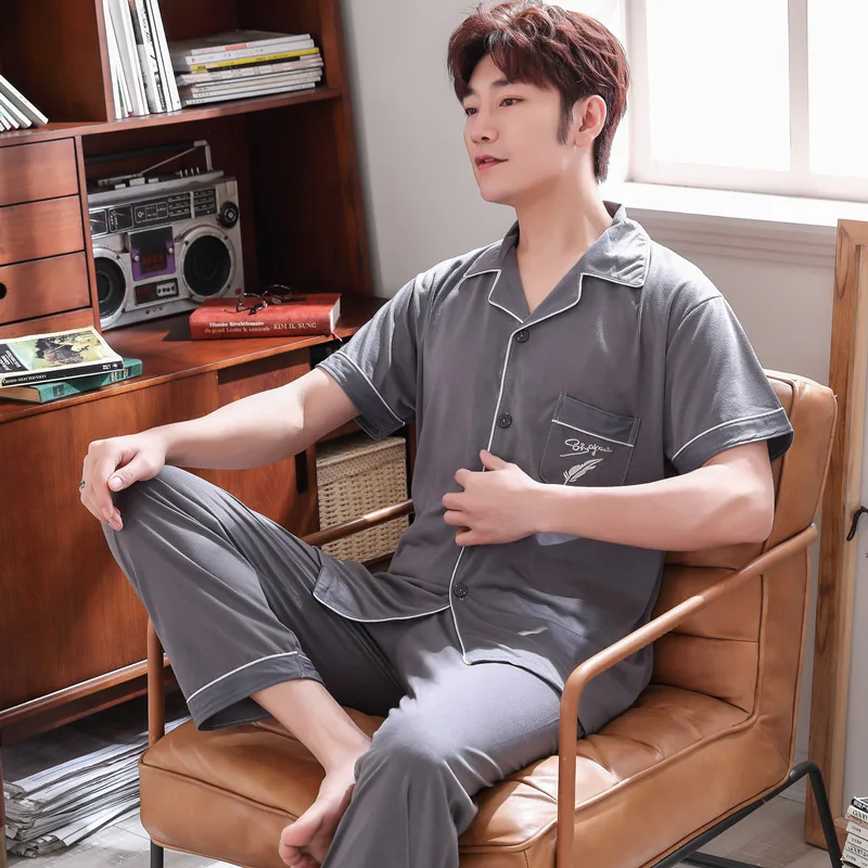 

Korean-style Youth Summer Thin Men Pajamas Summer Pure Cotton Short Sleeve Tracksuit Loose And Plus-sized Set 405-47