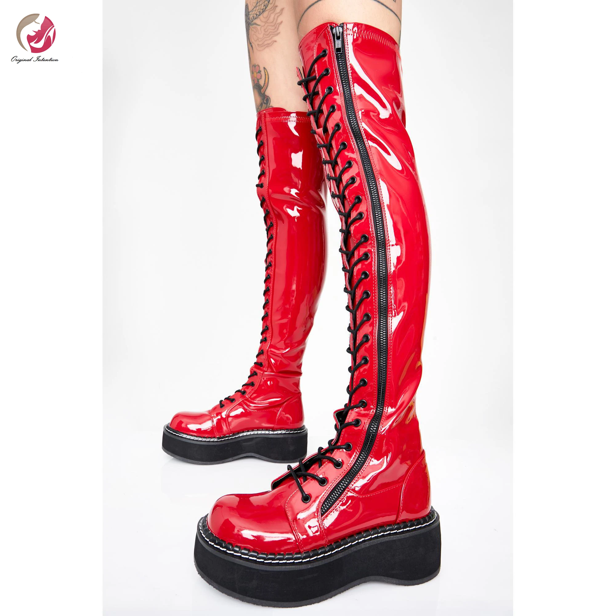 

Original Intention Over the Knee High Fashion Lace-up Black String Boots Woman Round Toe Platform Flat Shoes Woman Plus Size