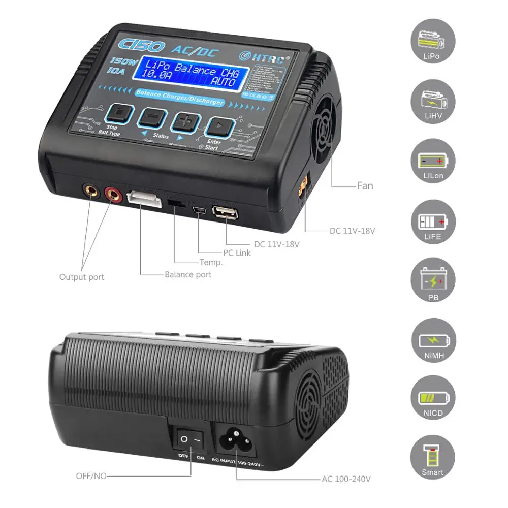 HTRC Battery Charger C150 AC DC 150W 10A Discharger For LiPo LiHV LiFe Lilon NiCd NiMh Pb Batteries Lipo Charger Balance battery charger charger adapter battery charger adapter