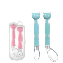 2pcs Baby Silicon Spoon Safety Heat Sensing Thermal Feeding Spoon Kids Children Flatware Feeding Spoons with Carry Box 2017 new safety soft spoon baby flatware feeding spoon transparent newborn soft silicone flatware lovely gifts for kids 3 colors