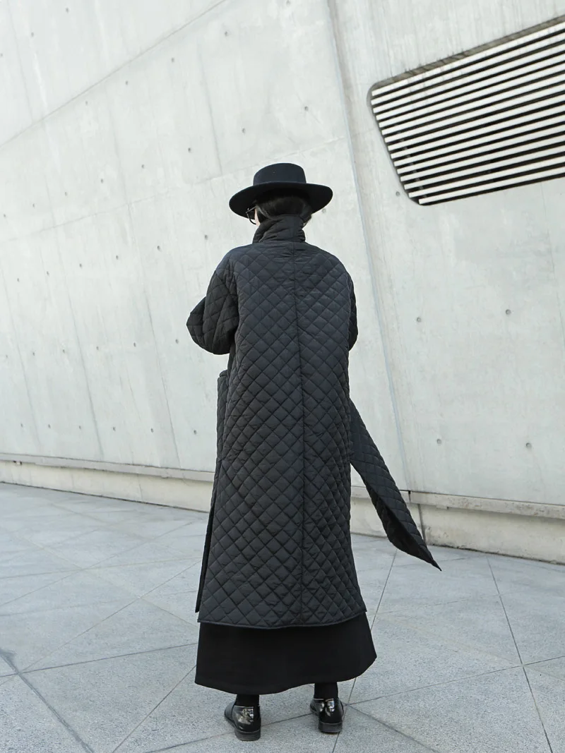 MEVGOHOT женское длинное клетчатое модное черное пальто с высокой талией размера плюс, зимнее осеннее Стеганое пальто с воротником-стойкой HD3312