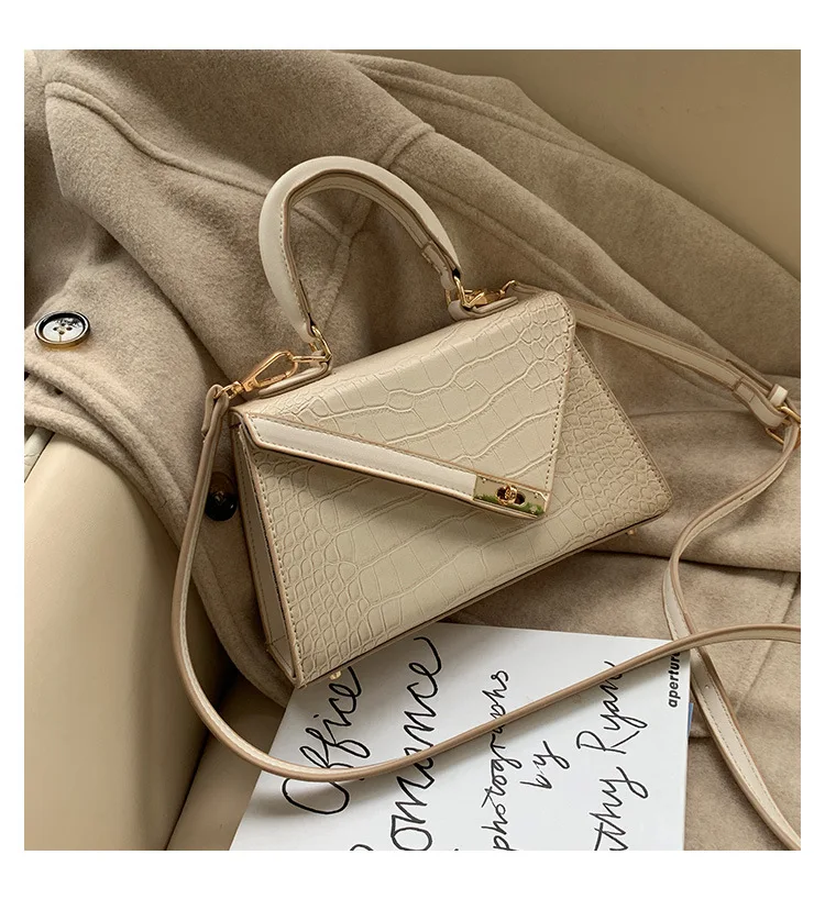 Women Small Top Handle Bag Luxury Brand Trapezoid Shaped Handbag for Women Girls Crocodile Print PU Leather Cross body Bag Beige (13)