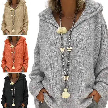 

Women Fashion Long Sleeve Hooded Knitted Sweater Loose Pullover Sweatshirt Top